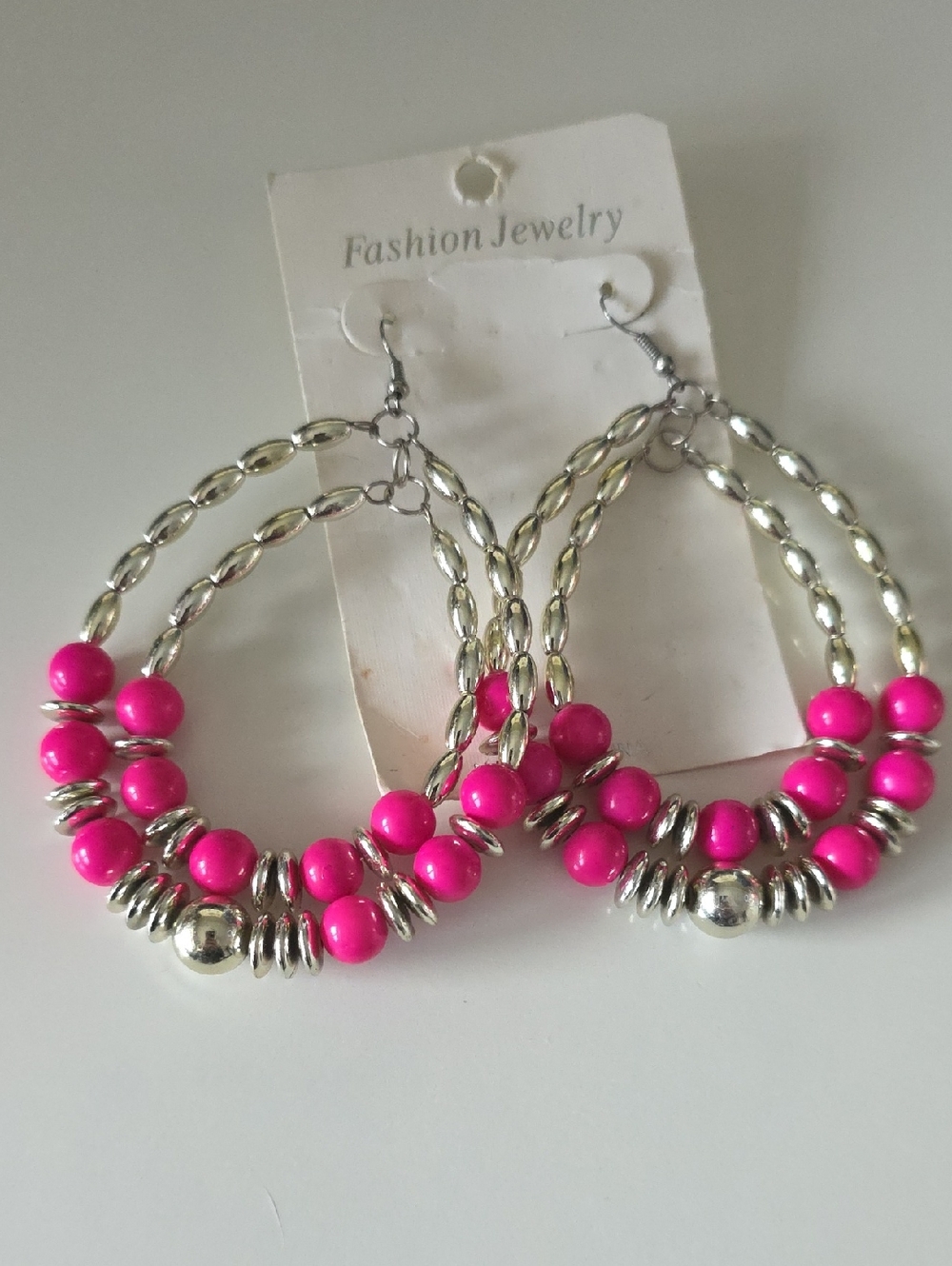 Fashion Jewelry Bright Pink and Silver Double Hoop Beaded Earrings